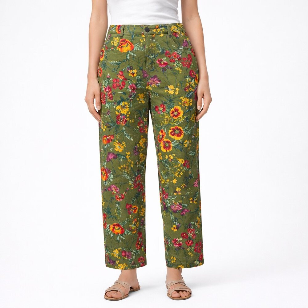 NEW Susan Graver Floral Print Straight Leg Stretch Pants Olive Green